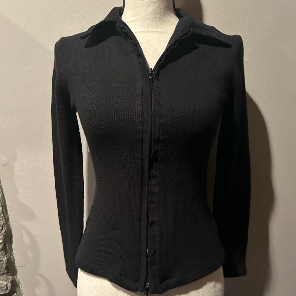 Black zip up sweater with suede detailing